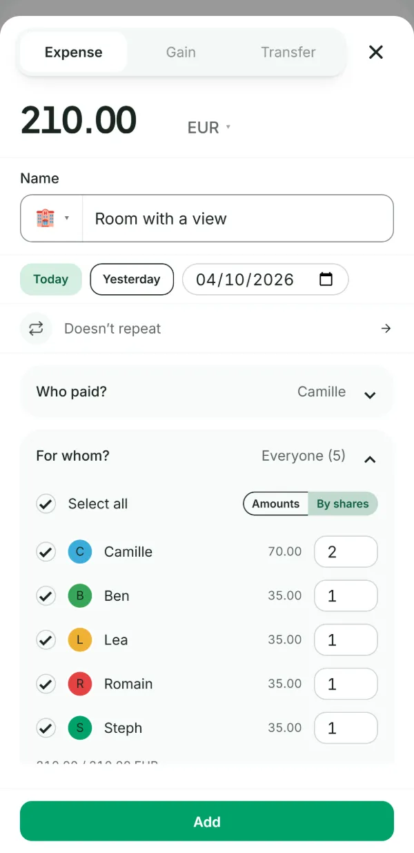 A €210 expense split by shares: 2 shares for Camille, 1 for each of the four others.